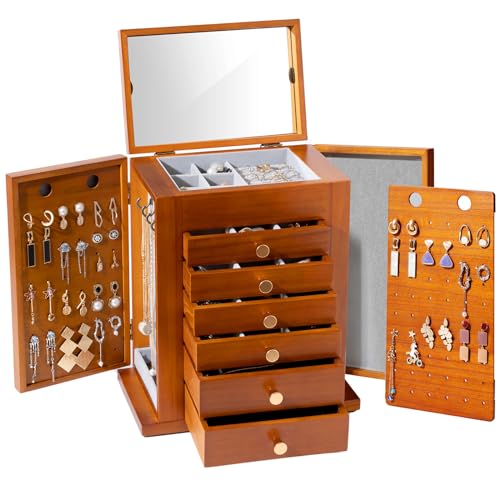 ProCase Joyero Grande, Organizador para joyas de Madera 7 Capas con espejo para Pendientes Pulseras Collares Relojes Anillos, Almacenamiento de Joyas para Mujeres y Chicas  Marrón