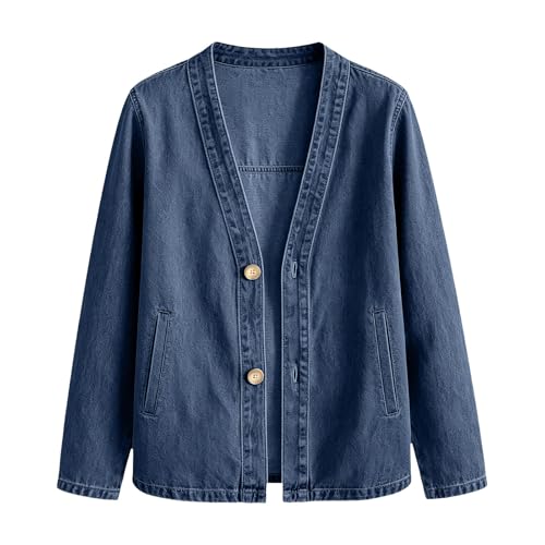 Jean Jacket Women Lightweight Button Front Jean Cardigan Trendy Relaxed Fit Classic Light Long Sleeve Denim Jackets Resort Beach Cover Up for Women Deep Blue Cárdigan Vaquero — view 4
