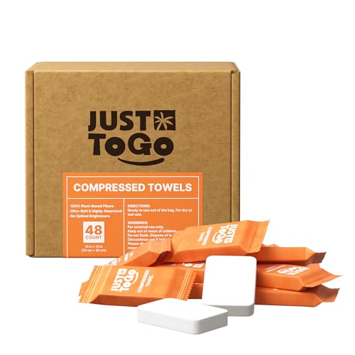 Just To Go Compressed Towel Tablets Disposable Coin Tissue for Travel Portable Face Towels 10x12 Inch Soft Durable Compressed Towels for Camping Outdoor On The Go (48 Cts)