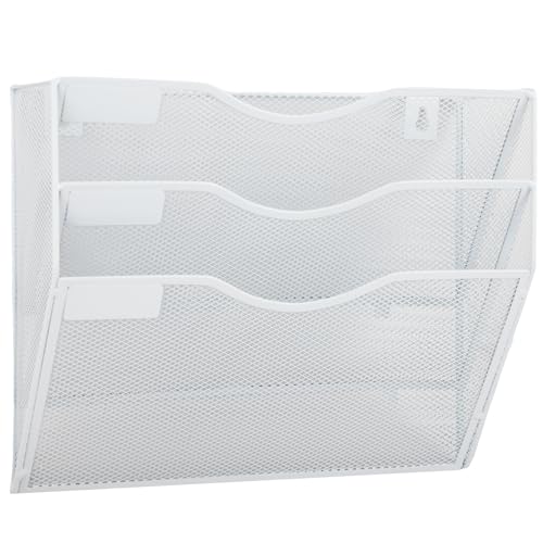 EASEPRES 3 Pocket Mesh Hanging Wall File Organizer, Wall Mounted Mail Paper Document Folder Holder, Clipboard Storage Organization Magazine Rack with Nametag Label for Office Home School, White