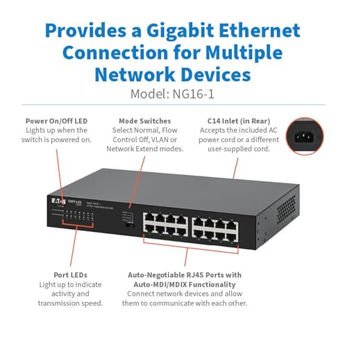 Image of Eaton Tripp Lite Series 16 Port Switch Unmanaged Gigabit Ethernet, Metal Enclosure, Plug-and-Play, Ethernet Splitter, Auto-Negotiable, Desktop and 1U Rack Mount Switch, 3-Year Warranty (NG16-1)