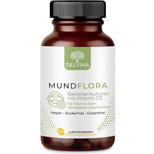 DELVINA Mundgeruch bekämpfen Vegan - 365 Lutschtabletten für Mundhygiene ohne Mundspülung und Zungenreiniger - Frischer Atem - Bakterienkulturen mit Vitamin D3 gegen Mundgeruch, Zitrone, 1 Jahr Vorrat