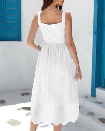 Image of Women Hollow Out Eyelet Dress 2025 V Neck Tank Sleeveless Midi Dress A Line Cute Casual Beach Vacation Dresses