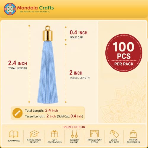 Image of Mandala Crafts Small Gold Tone Cap Light Blue Bookmark Tassels with Loops | 100 PC, Machine Washable, Polyester, Mini, for Crafts Jewelry Making Graduation Decorations Keychains Gift Tags & Ornaments
