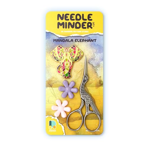 Image of Needle Minder Set - Mandala Elephant Magnetic Needle Minder + 2 Needle Threaders + Crane Scissors. Enamel Pin for Cross Stitch, Embroidery and Craft