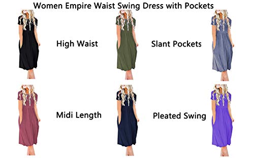 Durzasvo Vestido feminino casual de verão de manga curta rodado cintura império Bolso rodado Vestido