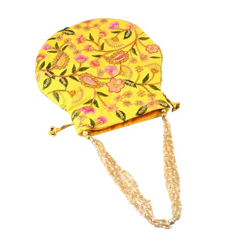 Image of Handcrafted Potli Purse with Golden Floral Embroidery and Pearl Accents