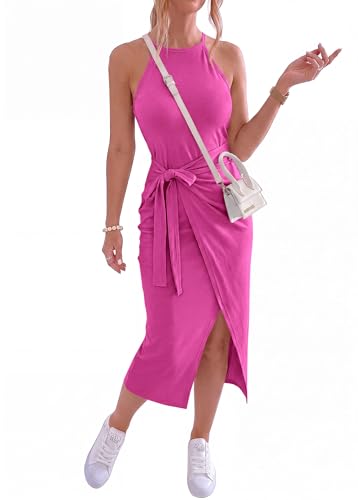Image of NOLLSOM Women Casual Sleeveless Striped Tank Midi Dresses Halter Neck Ruched Bodycon Dresses Tie Waist T Shirt Summer Dress