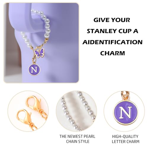 Image of Letter Charm for Stanley Cup,Pearl Chain Accessories Stanley Cup Initial Charms for Handle Stuff Decor Water Bottle Jewelry Tumbler Cute Personalized Name ID Decorations Purple Tag N