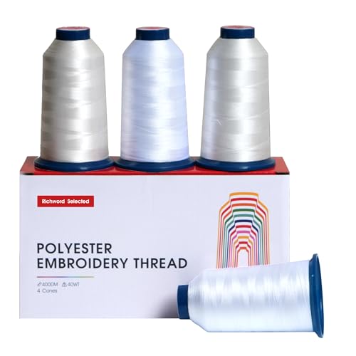 Image of Poolin White2 Embroidery Thread, Huge Spool Richword Selected 4 Rolls 4000M(4374Y) 40WT Polyester Thread for All Embroidery Machines