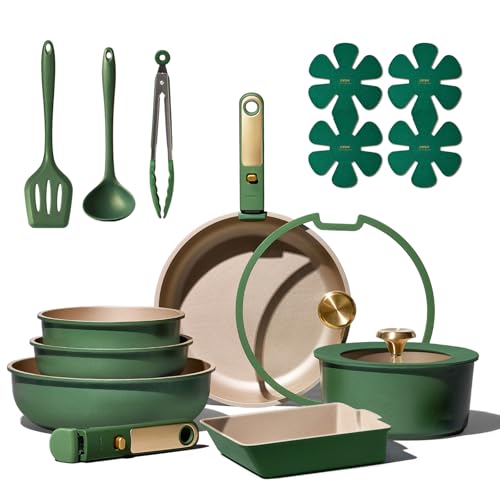CAROTE カローテ フライパン セット 17点 食洗機対応 IH対応 ガス火対応 PFOAなどの有害物質不使用 3層コーティング 軽量 取っ手のとれる くっつきにくい 鍋セット 卵焼きフライパン 調理器具セット 洗いやすい 高級感 耐摩耗性テスト100万回クリア 緑＆ゴールド 730日保証の画像