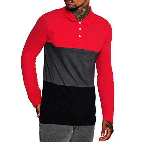 Musen Men Long Sleeve Polo Shirts Casual Cotton Modern Fit Color Block Rugby Polo Tshirts Red-Grey-Black M