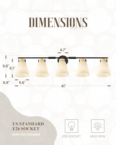 Image of Bathroom Wall Sconces, HWH 5-Light Wall Mount Lighting Fixtures for Mirror, Modern Vanity Lights with Frosted Milk White Striped Glass, Black and Gold Finish, 5HZG97B-5W BK+BG