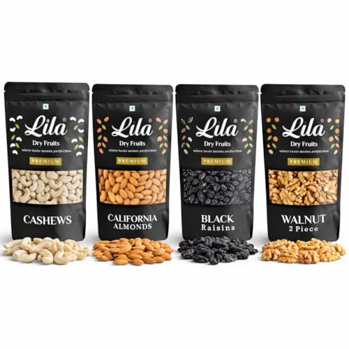 Image of LILA DRY FRUITS Combo Almonds Cashews Walnuts Black Raisins 250 g x 4 Each | Daily Nutrition & Healthy Snacking Mix | Kaju Badam Akhrot Kishmish Premium Assorted Dry Fruits Pack Perfect for Gifting
