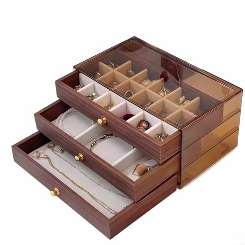 Gettimore Boîte à bijoux en bois avec 3 niveaux de rangement amovibles, couvercle en acrylique et tiroirs doublés en velours en noyer pour bagues, boucles d'oreilles, colliers, bracelets (3 couches 45