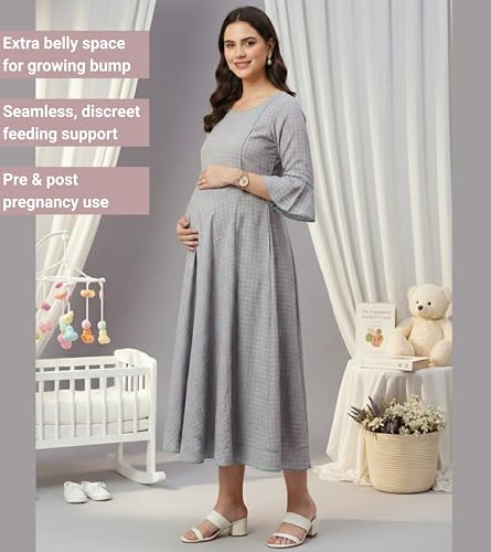 Image of DUMMY SHAPE Feeding Kurtis for Women Cotton Blend | Floral Pregnancy Flare Kurta with Dual Nursing Zippers to Pre & Post Partum | Maternity Dresses | Gifts for Pregnant Woman