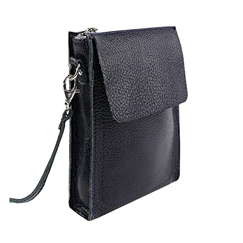 OBC Made in Italy Damen Leder Smartphone Tasche Schultertasche Handytasche Minibag Umhängetasche Geldtasche Ledertasche Crossbody Abendtasche Dunkelblau