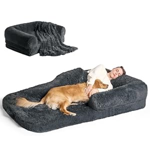 EHEYCIGA Foldable Human Dog Bed for Adult, Orthopedic Memory Foam Dog Bed for Humans, Waterproof Human Dog Bed for People, Faux Fur Human Sized Dog Bed, Dark Grey, 72″x44″x11″