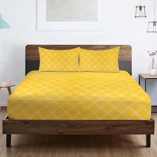 Image of RD TREND Waterproof Fitted Bedsheet for Queen Size Bed (78x60x8 Inches) | Ultra-Soft Glace Cotton Elastic Sheet with 2 Pillow Covers (18x28 Inches) (Yellow Check)