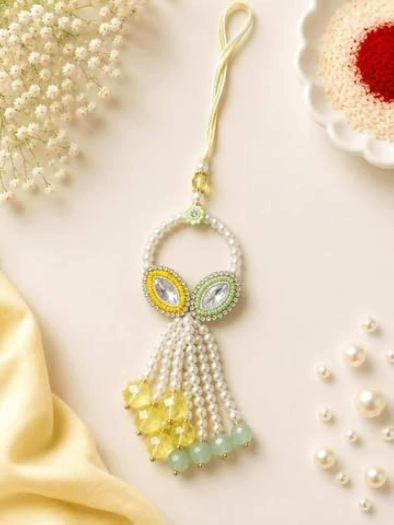 Premium Handmade Pearl Rakhi Set for Brother and Bhabhi