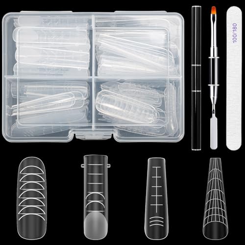 96 Stücke Polygel Starter Set,Dual Tips Nägel, 4 Formen Nagelverlängerung Polygel Nägel Schablone Set mit Dual-Ended Nagel Pinsel und Nagelfeile (Transparent)