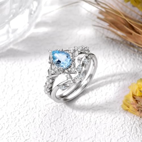 Natural Pear-Cut Aquamarine Engagement Rings Sets for Women,925 Sterling Silver Moissanite Leaf Wedding Ring Sets,Bridal Ring Sets for Anniversary Birthday3
