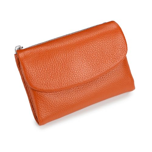 Unisex Pebble Real Leather RFID Wallet – Slim Bifold Zipper Wallet with ID Windows with Coin Pockets, Card Slots & Cash Holder – Scratch Resistant, Waterproof, Travel-Friendly (D-Orange)