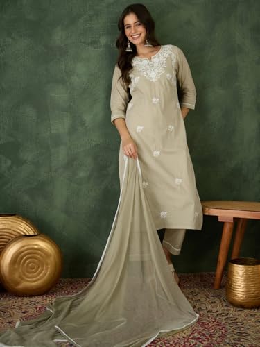 Image of Naixa Women's Cotton Blend Embroidered Straight Kurta with Pant And Dupatta Sets (NX-836)