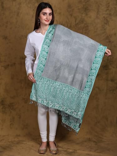 Women's Jamawar Stole from Ludhiana with Paisleys on Border and Plain Core | Beautiful Design Shawl, Scarves2