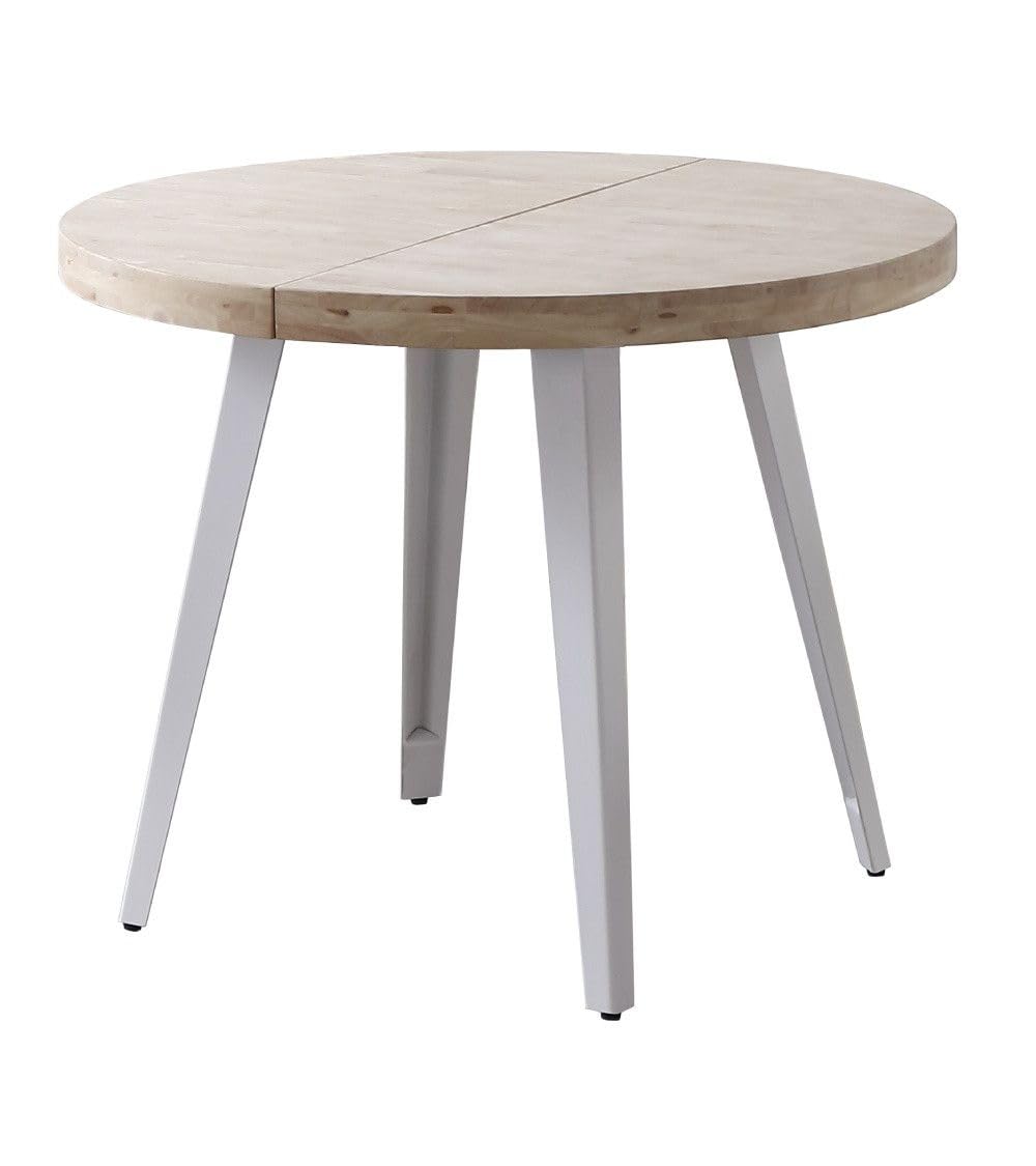 Home Heavenly® - Mesa Comedor Redonda Extensible Estilo Industrial SKADI. Mesa de 100 cm diámetro. 2 tramos extensión a 140 hasta 180 cm. (Roble Nordish - Blanco)