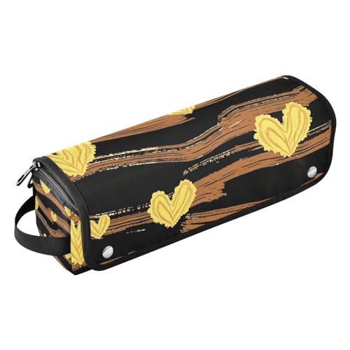 Bolsa de viaje para herramientas de cabello con tapete térmico, capacidad grande para planchas, rizadores y secadores, color negro con rayas amarillas y corazones