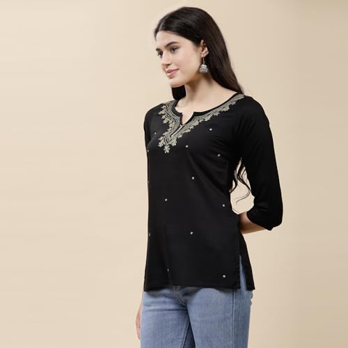 Image of QAZMI Short Kurti for Women| Embroidered Pashmina Straight Rayon Cotton Kurta | Women's Tunic Tops