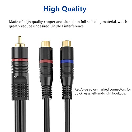 RCA Splitter, 2 Pack RCA Male to Dual RCA Female Y Splitter Cable Stereo to Mono Adapter, 8 Inches Gold Plated Audio Cable Cord for Subwoofer Speaker - Thumbnail 4