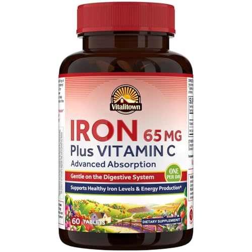 Vitalitown Iron Supplement for Women Men, High Potency 65mg Iron with Vitamin C 250mg, Less...
