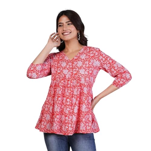 Image of Women's Regular Fit Printed Tunic Top with 3 /4 Sleeves and V Nack Long Length | Short Kurta for Women
