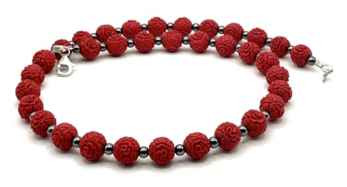 Collier avec cinabre rouge véritable, hématite et argent massif - 5