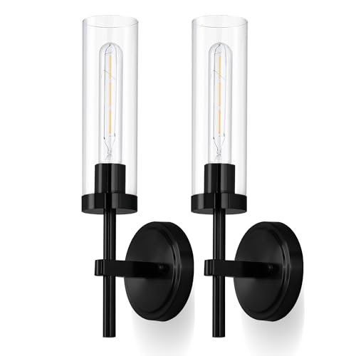 Image of Q&U Black & Gold Hardwired Wall Sconces Set of 2 - Modern Bathroom Vanity Light Fixtures, Farmhouse Wall Mount Lamps for Mirror, Living Room, Bedroom, and Hallway