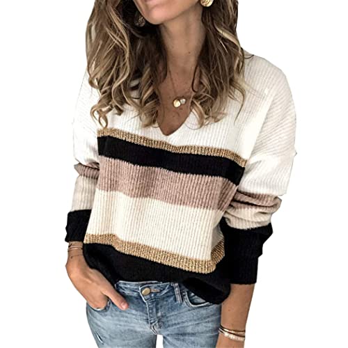 Image of PRETTYGARDEN Women's V Neck Striped Knit Pullover Sweater