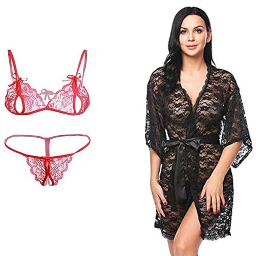 Image of Stylish Women's Satin Net Nighty with Bra and Panty Nightwear Set (Free Size)