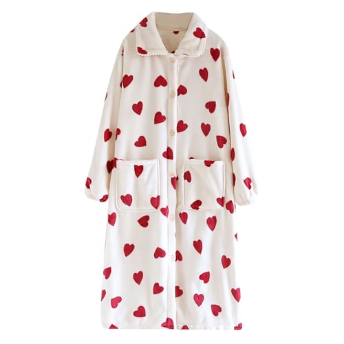 Vestido de noche para mujer de manga larga – Pijama largo dulce de un solo pecho pijama moderno ropa de estar cómoda ropa de dormir casual con botones con bolsillos bata acogedora, rojo, M