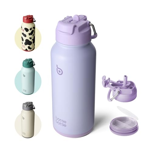 BOTTLE BOTTLE Edelstahl Trinkflasche 1L mit Strohhalm – Auslaufsichere Isolierflasche für Sport & Fitnessstudio, mit Pillenfach, BPA-frei, doppelwandig (Hellviolett)