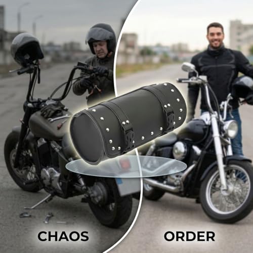 Bolsa de Herramientas para Motocicleta de Cuero PU, 11.4 x 1 pulgada de correas, Bolsa resistente a la intemperie negra para sillín, 12.2 pulg / 31 cm para manillar o asiento de scooter o ciclomotor, acceso frontal o trasero fácil miniatura 4