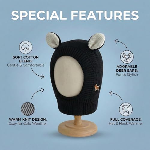 Image of Kraptick Winter Warm Ear Protection Knitted Woolen Unisex Baby Cap with Cute Animal Ears, Soft Fleece Lined Knit Hat with Ear Flaps, Stretchable Monkey Cap for Cold Weather -1