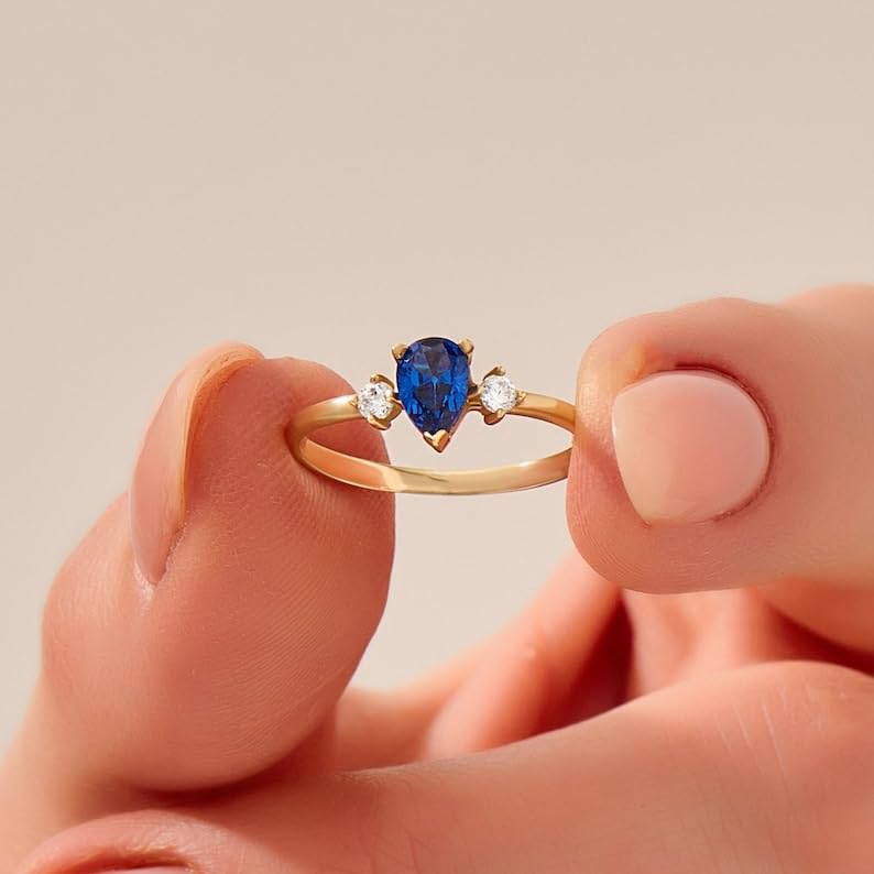 Blue Sapphire Ring,14k Gold Plated Sapphire Engagement Ring, Dainty Pear Cut Sapphire Band, Womens Teardrop Shape Solitaire Ring Gift for Her 5