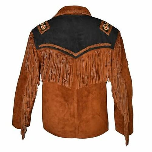 Men's Cowboy Western Leather Coat Native American Jacket with Fringes Beades & Bones (US, Alpha, Black)2