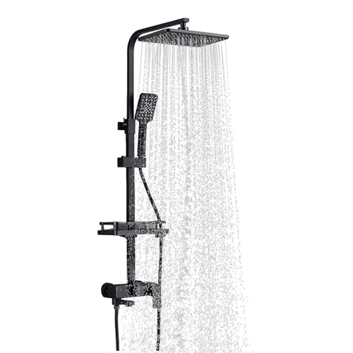 Columna de Ducha Termostatica 38 °C, Altura Ajustable de 85 125cm, Columna de Ducha con Panel de Acero Inoxidable y Grifo, 4 Boquillas (Negro 3 velocidades)