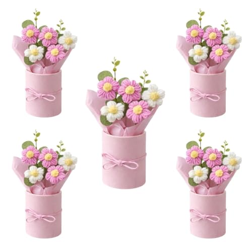 Image of VCR Handmade Pink Crochet Bouquet- Pack of 5 - Hand Woven Knitted Artificial Hand Knitted Bouquet Flower for Office Desk, Table, Car, Bedroom, Wedding & Special Occasions