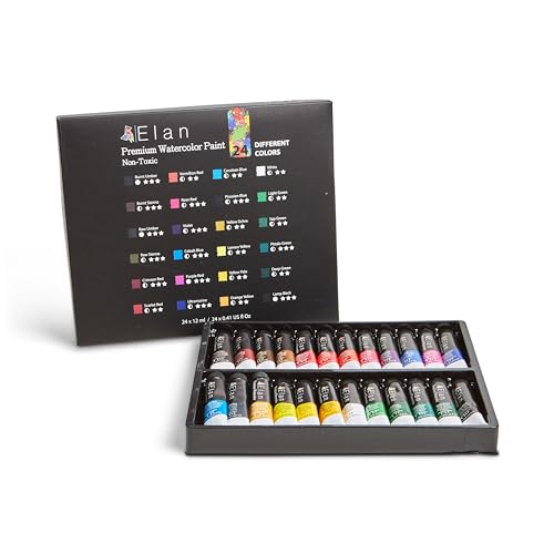 Elan Professional Watercolor Paint Set, 24 Liquid Watercolor Paint Tubes 0.4fl oz, Non-Toxic Mini Tubes for Canvas & Crafts, Art Paints for Adults