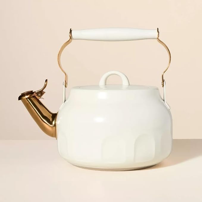 2qt Stainless Steel Tea Kettle Cream, Whistling Stovetop Teapot with Arch Cutout, Removable Lid, Nylon Handle, Gas Electric Induction Compatible, Hand Wash Only, Home Kitchen Wedding Gift Ready