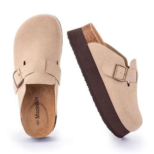 mazeskin Genuine Leather Platform Orthopedic Clogs Slippers with Arch Support, Vegan Suede Upper, Orthotic Footbed for Plantar Fasciitis Relief,Taupe US7